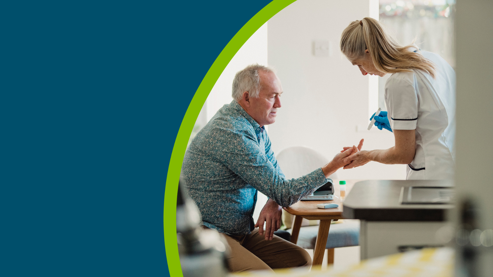 Senior diabetic man is having a check up at home from a district nurse. She is checking his blood glucose levels.