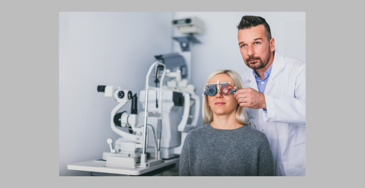 A patient having their eyes examined with an eye specialist in a healthcare setting.