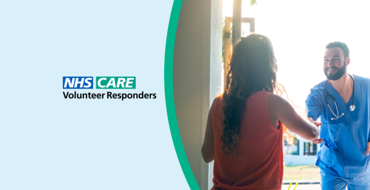 A healthcare professional visiting a lady at home. She is greeting him at the door with a handshake.