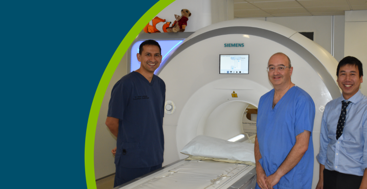 Doctor Larkman, Doctor Fascia and Doctor Tran with the MRI scanner at Harrogate Hospital.