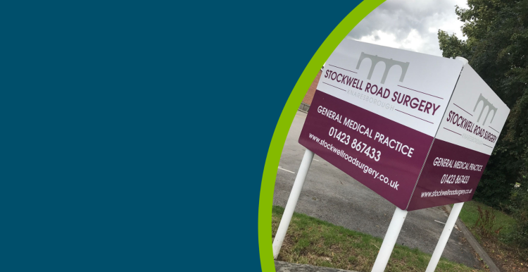 Stockwell Road Surgery external freestanding post sign.