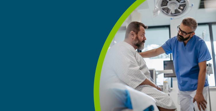 Supportive doctor soothing a worried overweight patient, discussing test result in emergency room