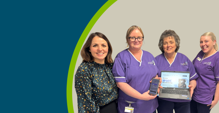 Airedale Hospital staff with a laptop celebrating the launch of Careology app, aimed at helping people being treated for cancer to provide 24/7 support and help them manage their condition.