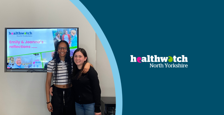 Joanna and Emily, work experience placements with Healthwatch, presenting what they have learned in front of a monitor in a meeting room.