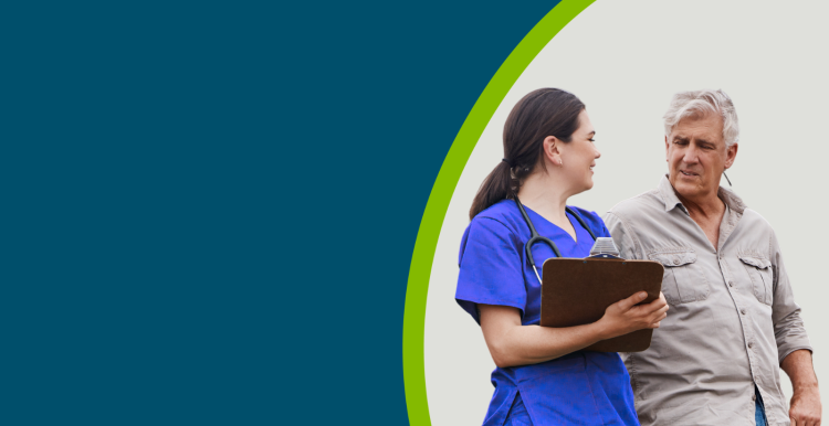 A healthcare professional with a clipboard talking with a farmer patient
