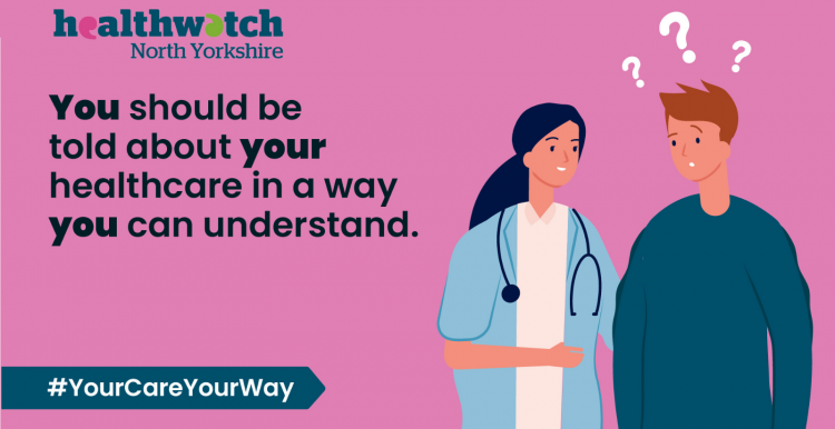 pink background, cartoon nurse speaking to cartoon man with white question mark above head