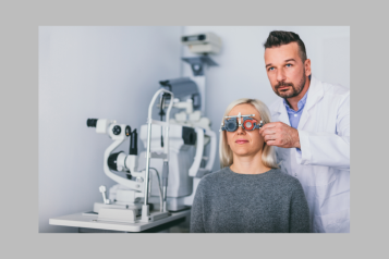 A patient having their eyes examined with an eye specialist in a healthcare setting.