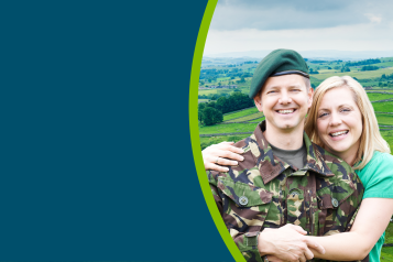 A British solider stood with his wife in the North Yorkshire countryside. Both are smiling. He is in his army uniform.