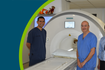 Doctor Larkman, Doctor Fascia and Doctor Tran with the MRI scanner at Harrogate Hospital.
