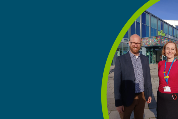 MySight York’s Chief Executive, Scott Jobson stands with Karen Priestman, Associate Chief Operating Officer, York and Scarborough Teaching Hospitals NHS Foundation Trust ouside the MySight York building.