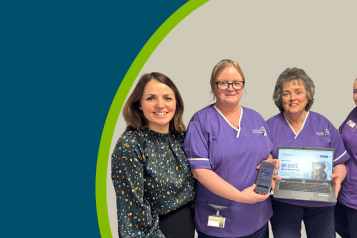 Airedale Hospital staff with a laptop celebrating the launch of Careology app, aimed at helping people being treated for cancer to provide 24/7 support and help them manage their condition.
