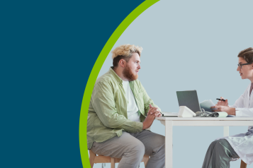 Overweight man sitting at the table together with doctor and talking about his health during his visit.