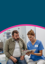 Female doctor consulting with the overweight patient, discussing test result in doctor office.